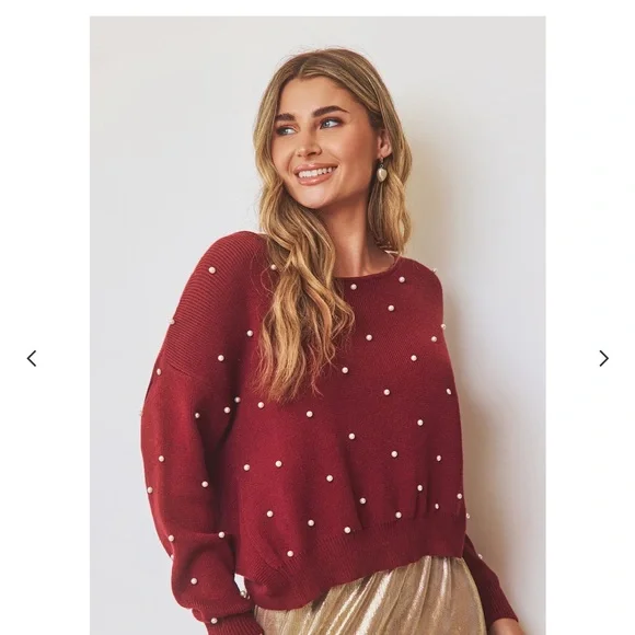 Cupshe Burgundy Sweater with Pearl Details - Picture 1 of 3